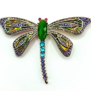 Dragon Fly Pin Brooch faceted Rhinestone Pink Purple Green 3 1/8" Figural ENAMEL